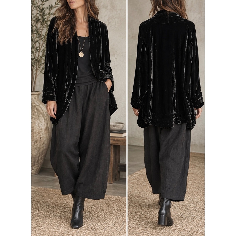 CITRON SANTA MONICA Black 100% Silk Velvet Shawl Collar Open Cardigan Jacket